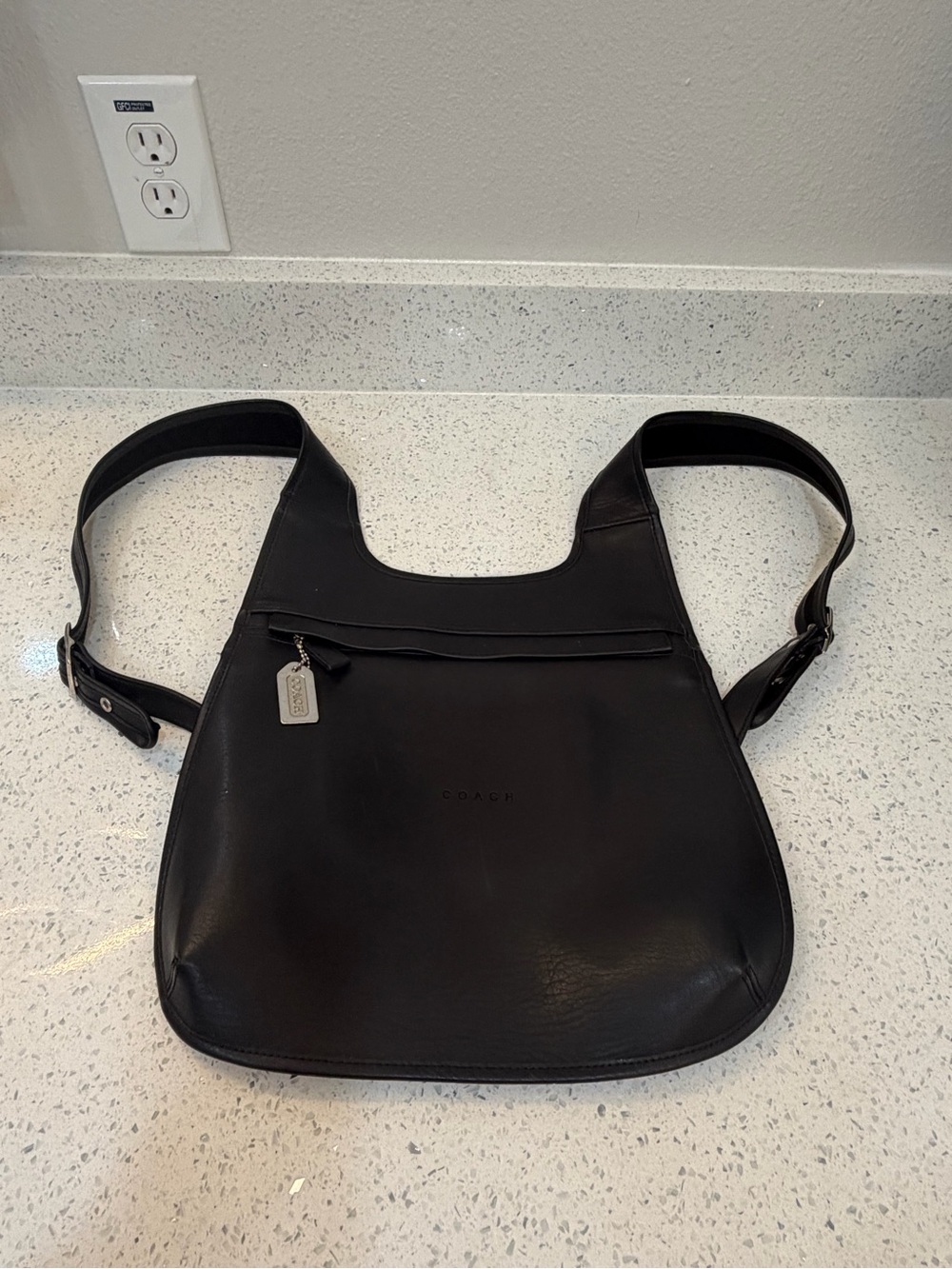 Unisex vintage Coach Black Leather Messenger backpack